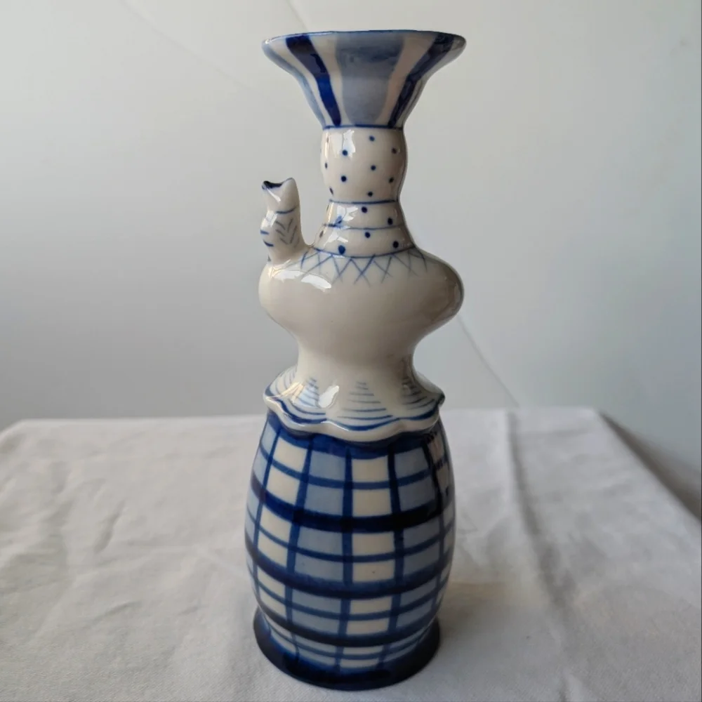 Russian Gzhel Handpainted Blue Detail Girl & Kitten Porcelain Vase Vintage